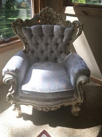 Pair  Gentlemans Carved Chairs purchased at Caron-Fabre Furniture Company. 