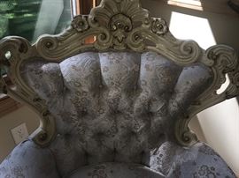 Detailing of Gentlemens Carved Chairs purchased at Caron-Fabre Furniture Company. 