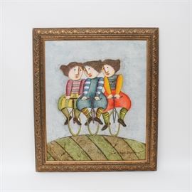 J. Claude Depree Oil Painting on Canvas: An oil painting on canvas by J. Claude Depree. The painting depicts three female figures dressed in colorful attire riding bicycles over a hill under a blue sky. Signed by the artist on the lower right corner in black. The piece is set in a gilt wood frame with a foliate pattern design.