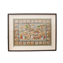 Indian Gouache Painting on Linen Scroll: A large framed Indian gouache folk art painting on a linen scroll. The painting depicts narrative scenes in panels surrounding a central image. Each image features figures, animals, trees, and flowers. This piece is not signed. It is mounted, under glass, and set in a carved dark wood frame.
