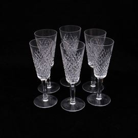 Waterford "Alana" Crystal Stemware: A Waterford crystal stemware set of six. This set features Waterford’s “Alana” pattern. Each piece is marked “Waterford” to the underside.