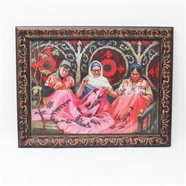 Oil Painting on Canvas: An oil painting on canvas. The painting depicts three weavers working on a large piece of pink fabric with a foliate design in black. The three female figures sit in front of a background with an ornate pattern in colors of black, white, and red. Signed by the artist on the lower right corner “Whkyma”. The piece is set in a carved wooden frame.