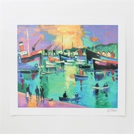 After Jean-Claude Picot Giclee Print on Paper "Un Soir D'Ete": A giclee print on paper after a painting titled Un Soir D’Ete by Jean-Claude Picot. The print depicts figures in skiffs and standing on a dock with a variety of large ships moored in the background. The ships sit under a purple and blue sky with golden clouds. The piece is presented unframed.