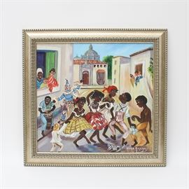 Meme Amaya Acrylic Painting on Canvas: An acrylic painting on canvas by Meme Amaya. The painting depicts figures dressed in colorful clothing dancing in a street as others watch through their windows. Signed by the artist on the lower right corner in white. The piece is set in a silver tone wooden frame.