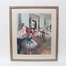 After Edgar Degas Offset Lithograph "The Dance Class": An offset lithograph print on paper after a painting by Edgar Degas titled The Dance Class. It depicts ballerinas in a practice studio with the dance master and various onlookers. It is signed in the plate to the lower right. The piece is matted, under glass, and set in a gray wood frame.