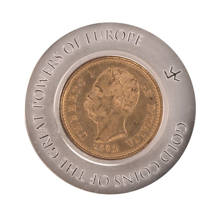 1882 Italy 20 Lire Gold Coin: An 1882 Italy 20 Lire Gold Coin. The coin has a weight of 6.542g.
