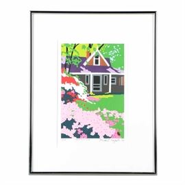 Joseph C. English Limited Edition Serigraph "Springtime": A limited edition serigraph on paper titled Springtime by Joseph C. English (American, 20th / 21st century). This work depicts a grey house with a purple roof surrounded by colorful trees and flowering bushes. The piece is signed in graphite to the lower right and dated 1999. It is numbered 7 in an edition of 125 to the lower left and presented behind a white mat, under glass in a dark grey metal frame with a wire to the verso ready to hang. Information about the artist and the piece is also attached to the verso.