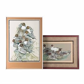 Offset Lithographs After Art LaMay Including 1999 Waterfowl Festival Poster "Ten Pins": A pair of offset lithographs after artwork made for Maryland’s annual Waterfowl Fest, of pintail ducks by wildlife painter Art LaMay (born 1938). Included in this selection is a limited edition print of The Imposter, which was used in a poster for the 1999 Waterfowl Fest and depicts a group of pintail ducks joined by a toppled-over decoy. This print is signed in plate and is signed and numbered 72/600 by hand to the lower right corner, and is presented in a red and tan frame behind acrylic glass and a double mat, with a wire and notation reading “Waterfowl Fest November 9, 2007 East MD.” Also included is Ten Pins, depicting a stacked cluster of ducks, titled to the lower margin, and signed in plate to the lower right along with an inscription in ink. This piece is mounted behind a triple mat in a white frame with a wire for hanging.