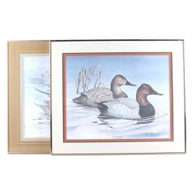 Tan Brunet Limited Edition Offset Lithographs "Foggy Flat Pintails" and "Canvasback: King of the Divers": A set of two limited edition offset lithographs on paper after illustrations of waterfowl by listed Louisiana artist Tan Brunet (born 1938). Prints include Foggy Flat Pintails and Canvasback: King of the Divers. Each is signed both in graphite and in plate to the lower margin, numbered as 789 out of an edition of 1950. The prints are set under layered mats and presented under glass in metal frames with hanging wires to the verso; each frame backing also includes a pocket with information about the artist and work. More information about the artist can be found by visiting the link in “Additional Information”, located below.
