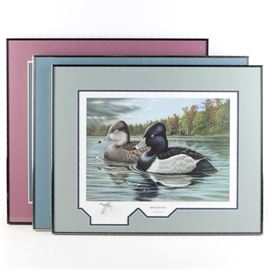 Tan Brunet Limited Edition Offset Lithographs on Paper: A selection of three limited edition offset lithographs on paper by Tan Brunet. The first work is titled Tidewater Wood Ducks is number 789 in an edition of 1950. The second work is titled Riding The Northern is number 789 in an edition of 1950, and the third work is titled Ringnecks is number 789 in an edition of 850. Each piece is signed in graphite. They are presented behind mats, under glass in frames with hanging wires to the verso.