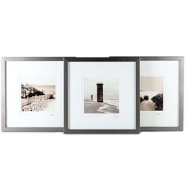 Gregory Bryner Limited Edition Photographs: A selection of three black and white photographs on paper by Gregory Bryner (American, b. 1953). The first work, titled Assawoman Bay, Fenwick Island depicts a view looking through beach grass out to a bay, signed in graphite to the lower right and numbered 52 in an edition of 500. The second work, titled Lighthouse Walk depicts a view of footprints next to a fence on a beach with a lighthouse in the background, signed in graphite to the lower right and numbered 9 in an edition of 500. The third work, titled Cape Henlopen Storm Watch depicts two storm watch towers on the beach, signed in graphite to the lower right and numbered 169 in an edition of 500. Each piece is presented behind a white mat, under glass in a black metal frame with a hanging wire to the verso.