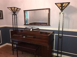 Kohler & Campbell Piano and Bench - Pair of stained glass floor lamps (Priced Separately), Antique federal style mirror 