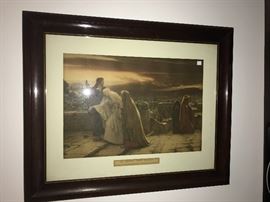 Antique walnut frame with 'The Return from Calvary' lithograph 