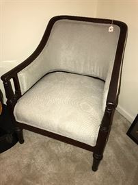 Fantastic Walnut occasional chair with updated grey fabric 