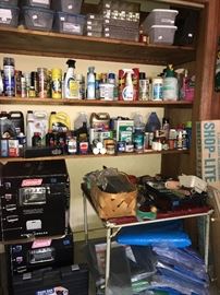 Lots of cleaning supplies, tarps, coleman items 
