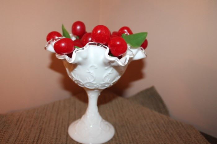 White Milk Glass Compote with Cherries