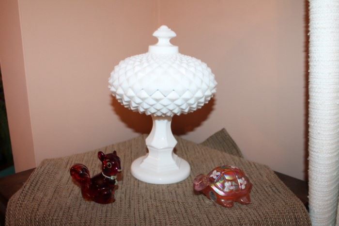 Hobnail covered dish and Fenton Squirrel and Turtle
