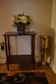 Brass Umbrella Stand, Small Display Table, and Flower Arrangement