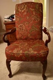 High Back Antique Chair with upholstered back/seat Curved Arms and Cabriole Legs