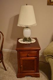 Beautiful End Table and Milk Glass Table Lamp with Hand made Doily