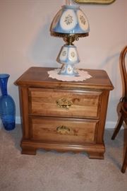 Beautiful Vintage Porcelain Lamp with Matching Porcelain Shade! ( very hard to find ) also Hand Made Doily and Quality 2 Drawer Night Stand
