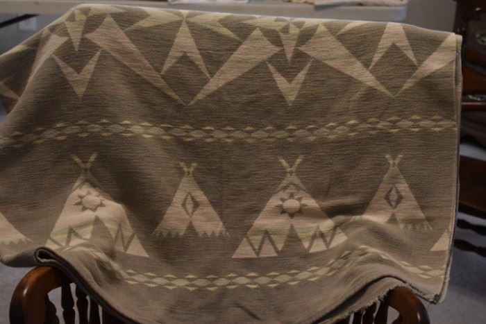 Vintage Collectible Wool Blanket with American Indian TeePee Design on Border