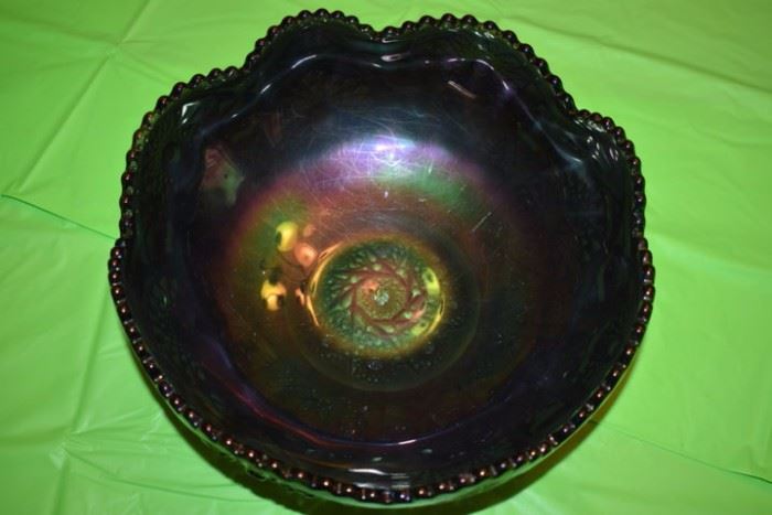 Antique Purple Carnival Glass Bowl - Signed