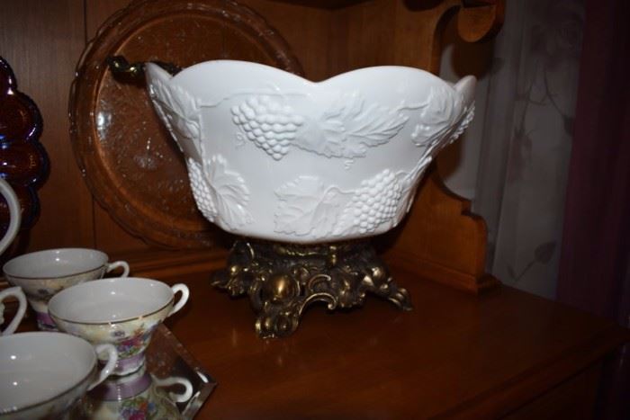 Gorgeous Antique Milk Glass Punch Bowl on Silver Pedestal 