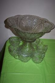 Gorgeous Antique Glass Punch Bowl Set with matching Cups