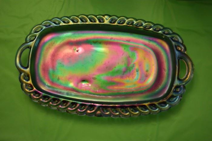 Vintage Carnival Glass Double Handled Serving Dish with Pierced Edging