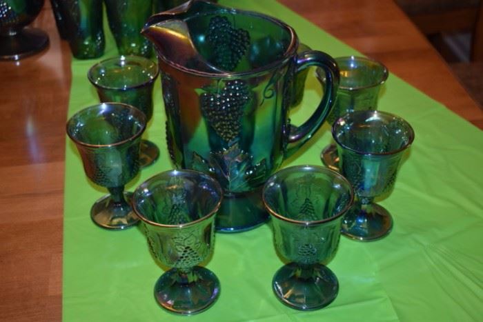 Another Beautiful Vintage Grape and Cable Carnival Glass Pitcher and matching Stemware Glasses