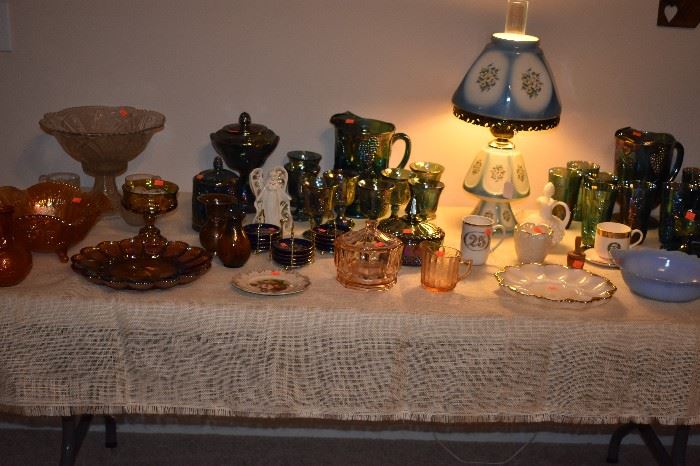 Just look at the Vintage Carnival Glass in this Picture featuring Carnival Glass Punch Bowl, Lidded Compote, Lidded Jar, Gorgeous Marigold Fruit Bowl and 2 Grape and Cable Pitcher Sets with different styling in each. Plus Gorgeous Hard to Find Porcelain Lamp (both Shade and Base are Porcelain)