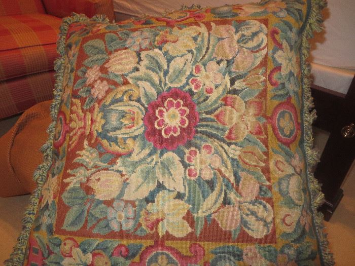 One of a pair heavy large needlepoint fringe pillows