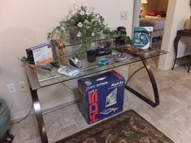 matching desk with shelf on top in middle.  There is a corner piece that connects these 2 pieces together 