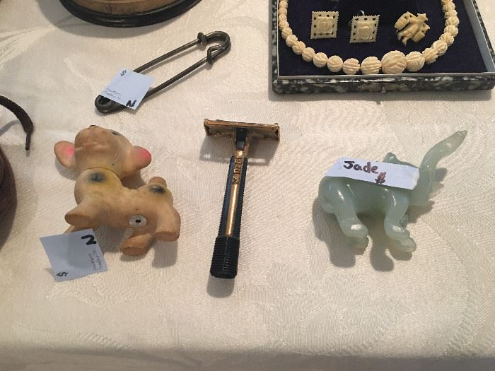 JADE Elephant, Antique Razors, and Antique Children's Toys