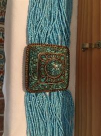 Turquoise Chips & Brass Belt Buckle (Made in India) w/ Hundreds of Bead Strands STUNNING