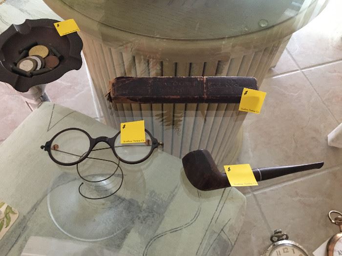 Antique Smoking Pipe, Glasses, and Straight Razor w/ Original Box!