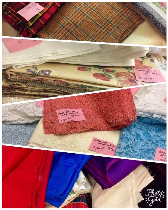 Yards of fabric: wools, velvets, velveteen, lace, taffeta and other