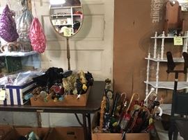 Fancy vintage  parasols and umbrellas, hand bags, hat trim, and store display mirror!