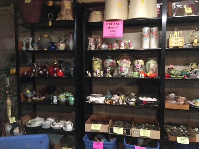 Art glass vases, porcelain dishes, more silverplate flatware, and vintage lampshades!