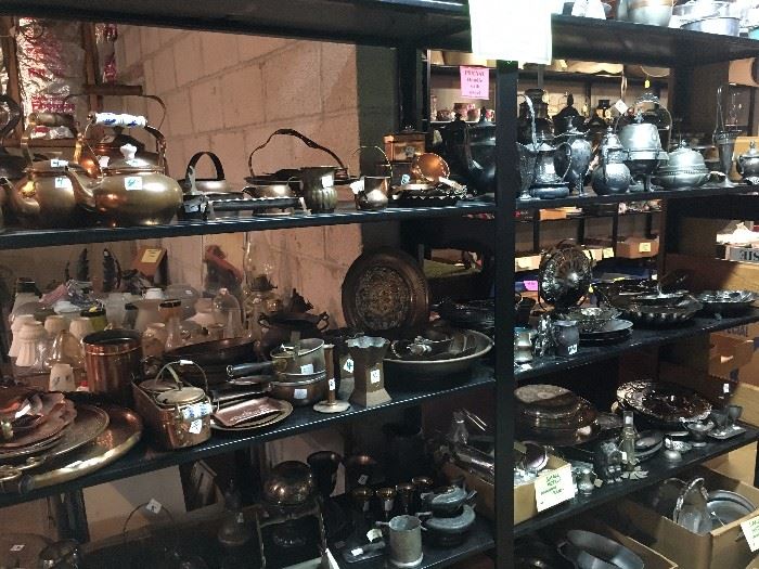 Shelves and boxes of copper, brass, pewter, and silverplate items!