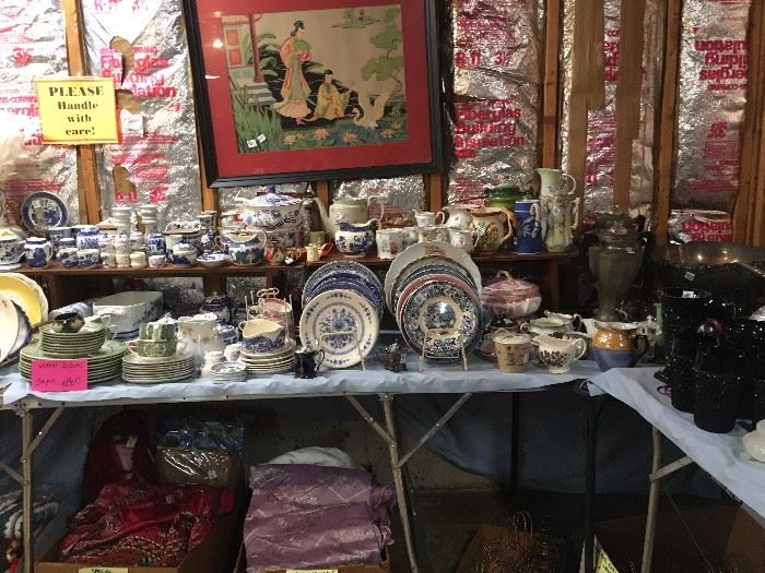 Dishes, plates, teapots, pitchers, Blue Willow, Blue Onion, European and American, and fancy bedspreads!