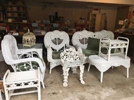 Gorgeous white wicker furniture, plus cast iron bench!