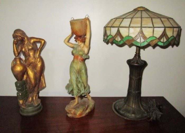Two plaster "maiden" statuettes, Beautiful Stained Glass lamp w/ bronze base, missing one small glass piece