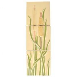 Selection of Rookwood Faience "Chesapeake Cattails" Tiles: A three-piece set of Rookwood Pottery Faience polychrome glazed tiles in the Chesapeake Cattails design. The tiles orient vertically.