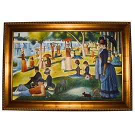 Georges Seurat Giclee on Canvas Reproduction "A Sunday Afternoon on the Island of La Grande Jatte": A giclee on canvas after the original painting by well listed French Neo-Impressionist painter Georges Seurat (1859 – 1891) titled Sunday Afternoon on the Island of La Grande Jatte. The giclee has a textured “brushstroke” finish. The giclee is presented in a beveled wood plein air frame with an antique gold finish, ready to hang.