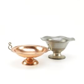 Copper and Pewter Pedestal Bowls: A copper dish and a pewter dish. Included is a hammered copper pedestal dish and a pewter dish with a wavy rim.
