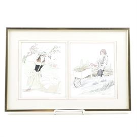 Hand Colored Lithographs of Children: A pair of hand-colored offset lithographs after original drawings of children in 18th century garb. Each print features a child doing chores; in one a girl is hanging laundry to dry and the other features a boy pushing a full wheelbarrow. Each is signed in the plate to the lower right (Angelie V. last name illegible) and mounted under glass with a single off-white mat with two openings. The frame is gold tone metal and is wired for hanging.