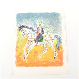 Kostia Terechkovitch Lithograph on Heavyweight Rag Paper "Cavalier Tunisien": A lithograph on heavyweight rag paper with deckled edges titled Cavalier Tunisien by Russian artist Kostia Terechkovitch (1902-1978). This multi-layered expressive print features a mustachioed man in a brightly colored uniform riding a spotted white, decorated horse. The horse and rider are set against an orange ground under a blue sky. This print is unsigned, but an included Certificate of Authenticity from The Great Dane Collection is signed by the artist in pen, and states that this print comes from an edition of 800. The work is presented unframed.