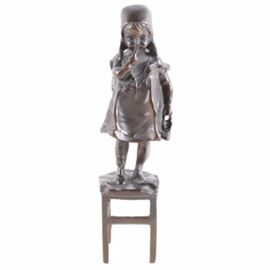 Patinated Bronze Sculpture by Juan Clara 1875-1958: A patinated bronze sculpture depicting a young girl standing on a stool by Spanish sculptor Juan Clara (1875-1958).